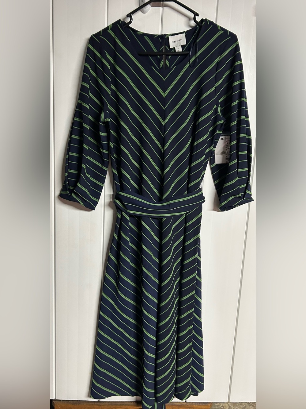 Nine West Navy and Green Striped Belted Midi Dress